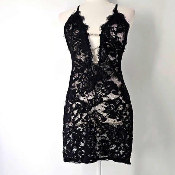 Sheer Black Lace Mini Deep Vneck Nightgown w Crystal Embellishments Whimsigoth - Picture 1 of 10